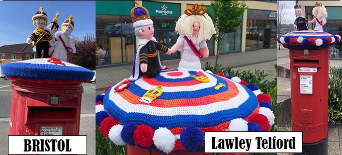 King Charles III & Camilla Queen Consort Coronation Postbox Topper - Bristol & Telford England - Knitting Pattern by Elaine https://ecdesigns.co.uk