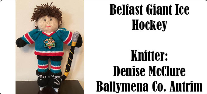 Belfast Giants Ice Hockey Knitter Denise McClure, Ballymena Co. Antrim,  Knitting Pattern by Elaine https://ecdesigns.co.uk