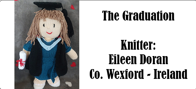 Graduation doll made by Eileen Doran, Wexford Ireland -  Knitting pattern by Elaine https://ecdesigns.co.uk