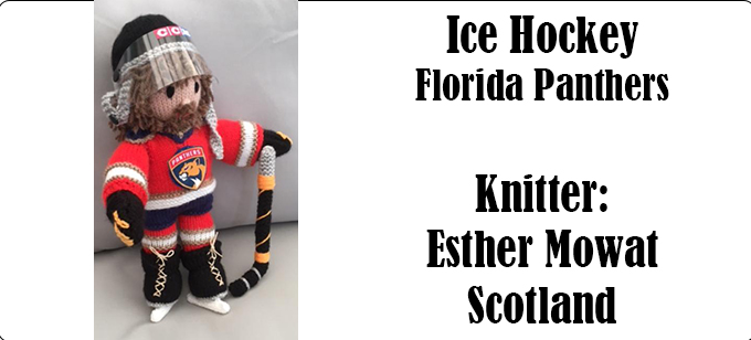 Ice Hockey - Florida Panthers, knitter Esther Mowat. Scotland- Knitting Pattern by Elaine https://ecdesigns.co.uk