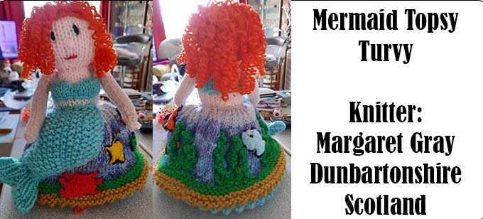 Mermaid Topsy Turvy - Knitter Margaret Gray Dunbartonshire Scotland and knitting pattern by Elaine https://ecdesigns.co.uk