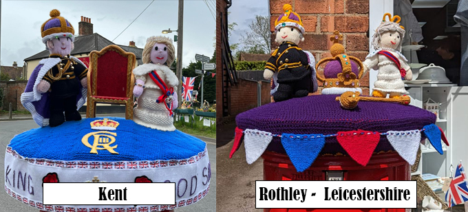 King Charles III & Camilla Queen Consort Coronation 2023 Postbox Toppers - Knitting Pattern by Elaine https://ecdesigns.co.uk