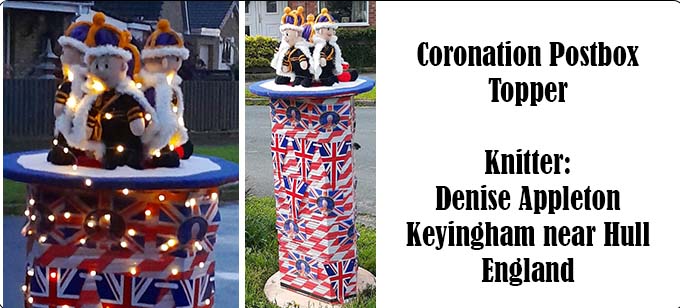 King Charles III Postbox Topper - Knitter Denise Appleton Hull England - Knitting Pattern by Elaine https://ecdesigns.co.uk