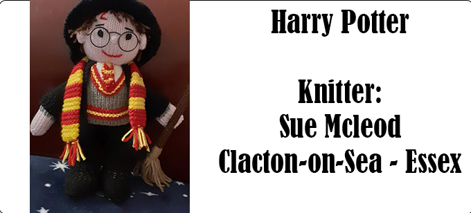 Harry Potter - Knitter Sue McLeod Essex England and knitting pattern by Elaine https://ecdesigns.co.uk