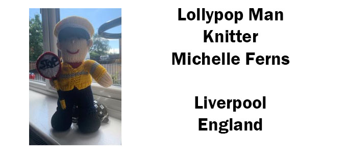 Lollypop - School crossing Doll, Knitter Michelle Ferns and knitting pattern by Elaine https://ecdesigns.co.uk