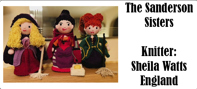 Hocus Pocus The Sanderson Sisters Winifred, Sarah & Mary Knitter Sheila Watts - Knitting Pattern by Elaine https://ecdesigns.co.uk